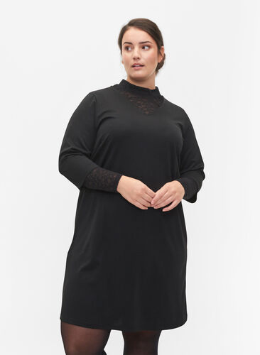 Klänning i enfärgad färg med v-hals och 3/4-ärmar, Black, Model image number 0