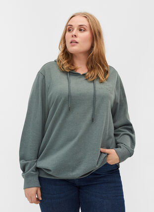 Sweatshirt med huva och tryck, Balsam Green Mel, Model image number 0