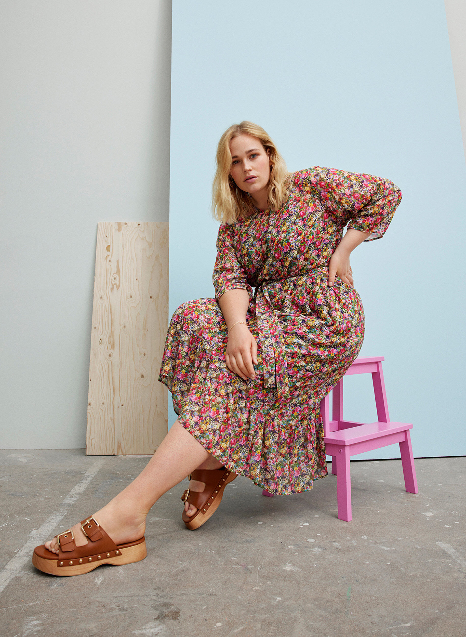 Zizzi Blommig midikl&auml;nning med knytband i midjan, Pink Flower AOP, Image image number 0