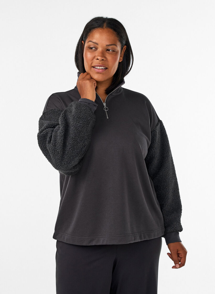 Sweatshirt med teddy&auml;rmar och h&ouml;g hals, Gr&aring;, Model image number 0