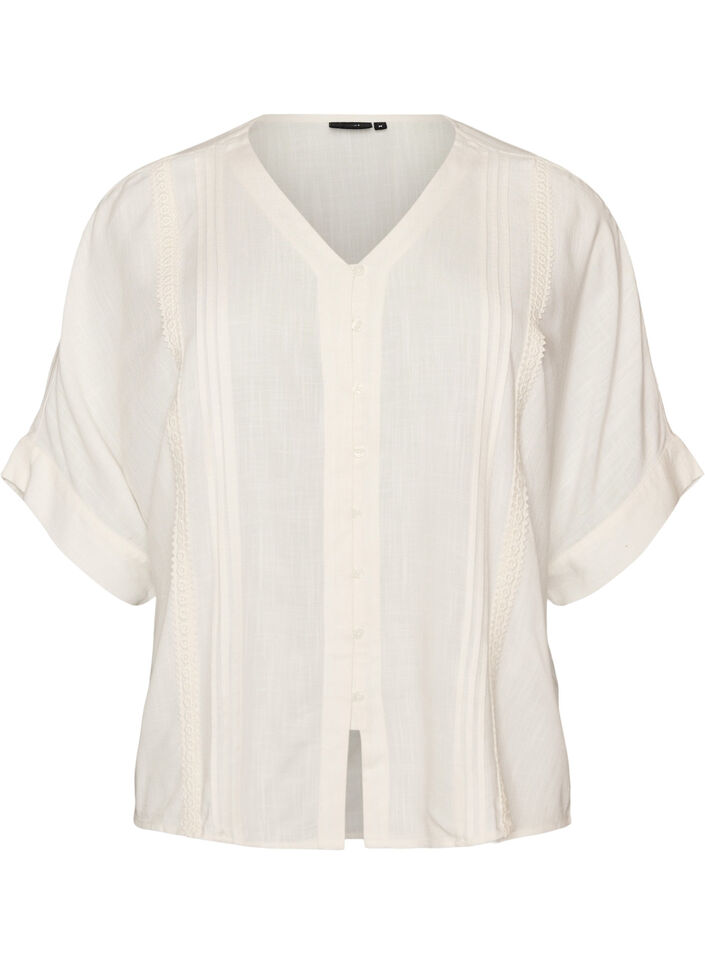 Blus i viskos med virkade detaljer och knappar, Vanilla, Packshot image number 0