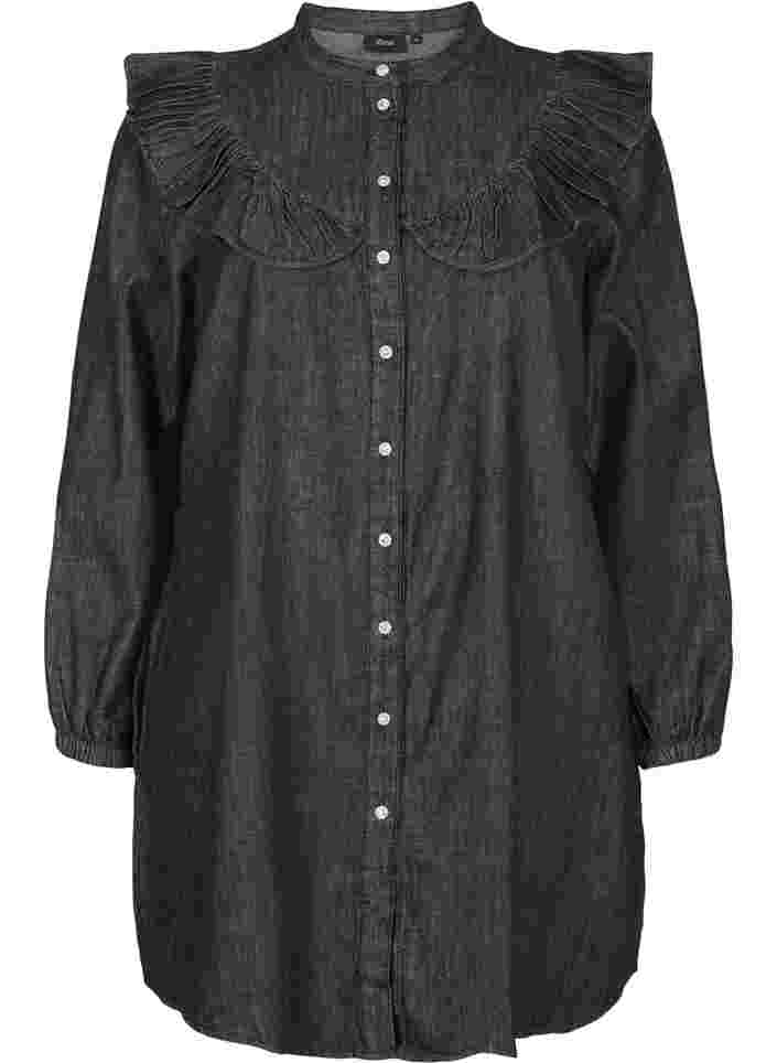 Jeansklänning med dekorativa knappar och volanger, Black Washed