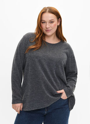 Melange blus med rund hälsning och långa ärmar, Dark Grey, Model image number 0