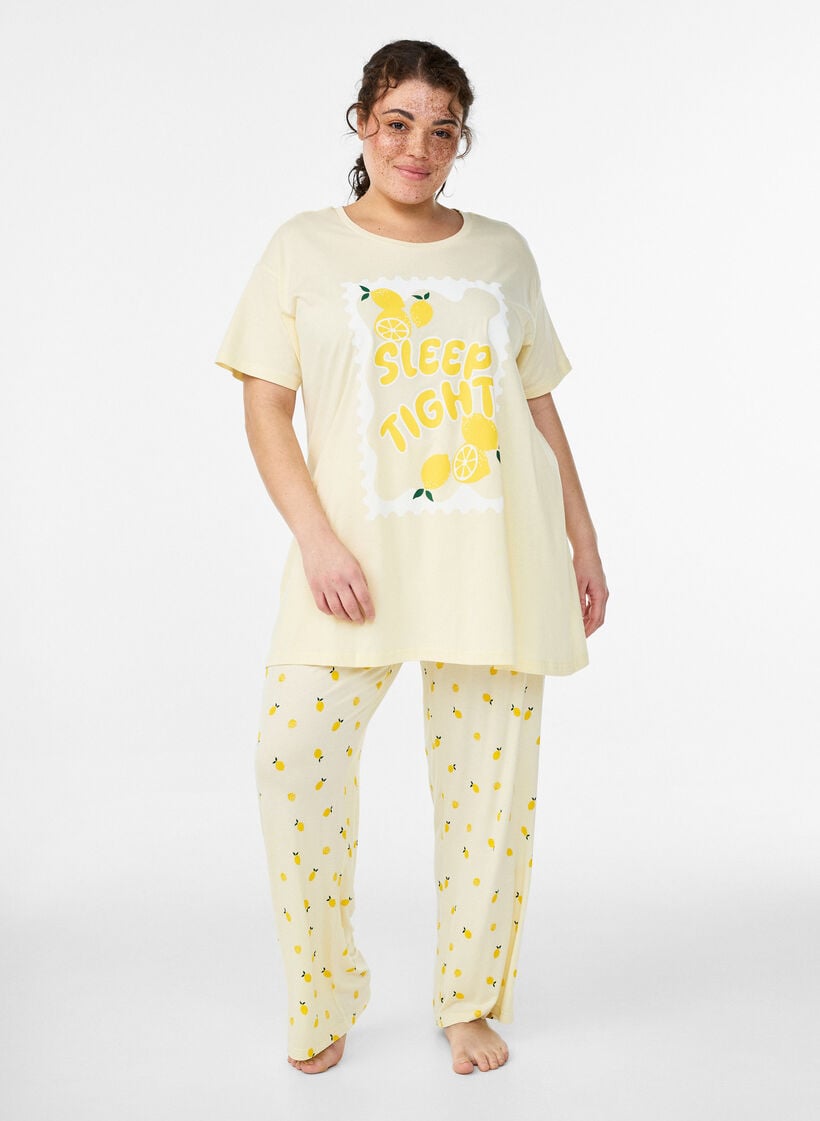 Pyjamasbyxor i mjuk jersey med h&ouml;g midja och fruktm&ouml;nster, Gul, Model image number 0