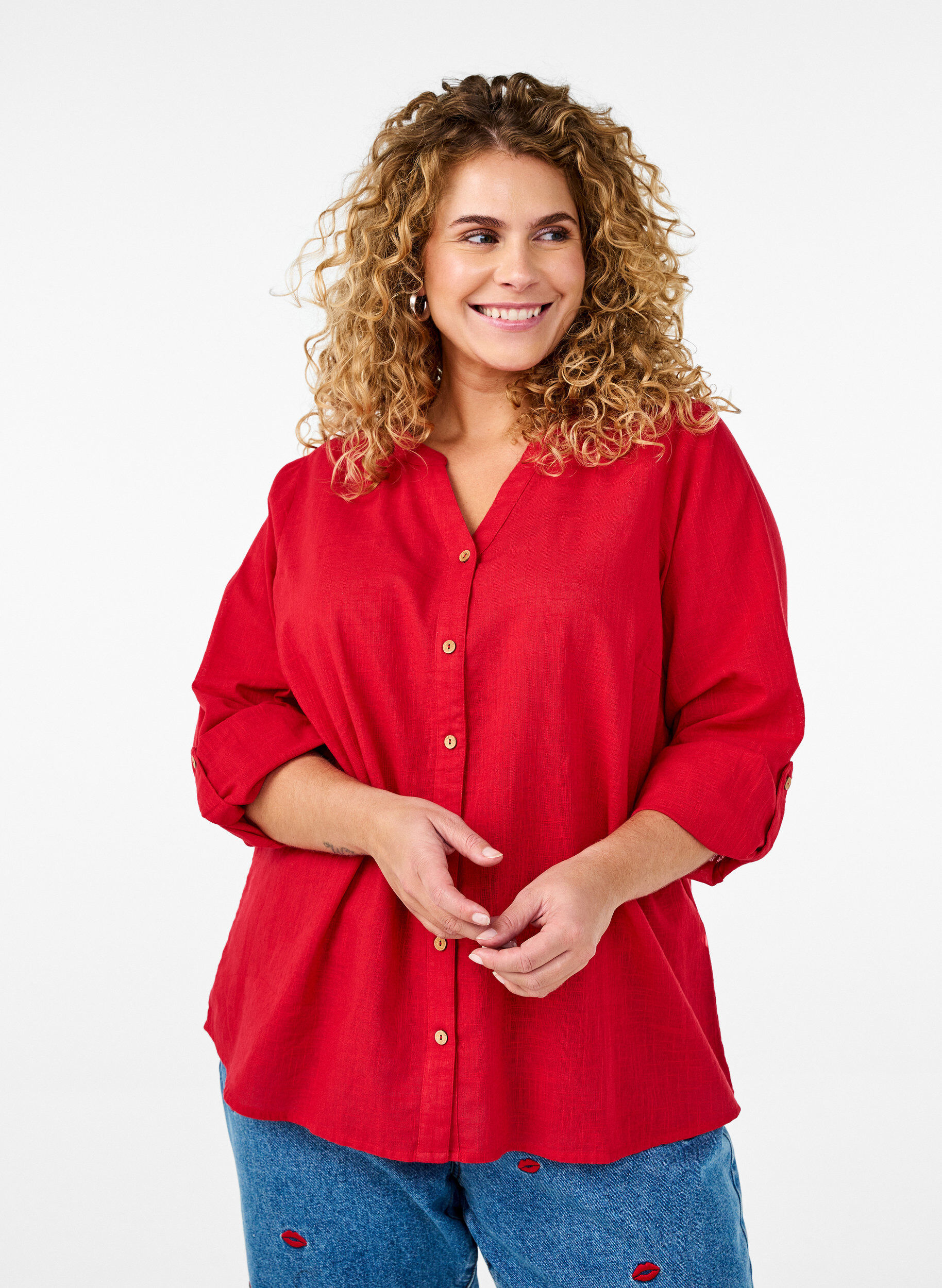 ZizziBomullsblus med v-ringning, R&ouml;d, Model image number 0