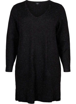 Stickad klänning med slits, Dark Grey Melange, Packshot image number 0