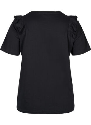 T-shirt i bomull med volang och nitar, Black, Packshot image number 1