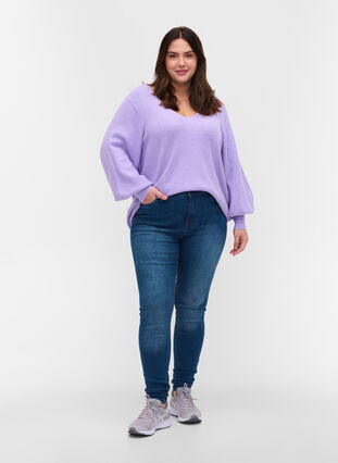 Stickad tröja med v-ringad hals och ballongärmar, Purple Rose Mel, Model image number 3