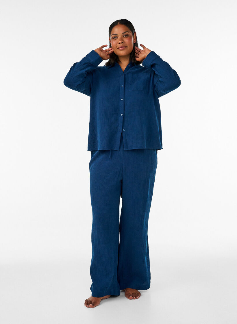 L&ouml;sa pyjamasbyxor i bomullsmuslin, Bl&aring;, Model image number 0
