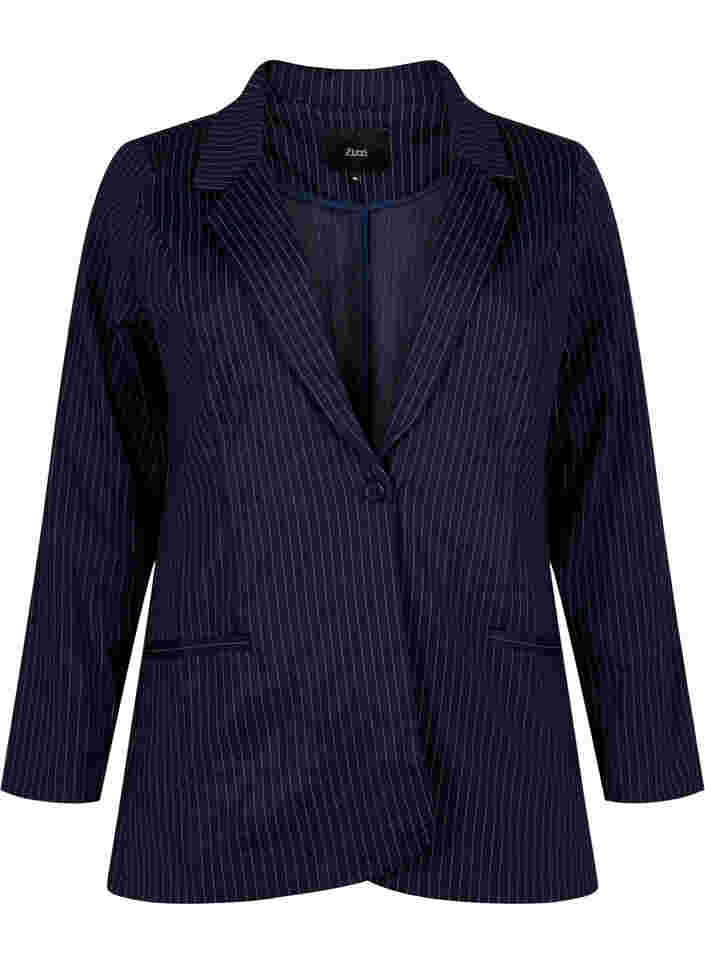 Kritstrecksrandig blazer med knapp, Navy Stripe, Packshot image number 0