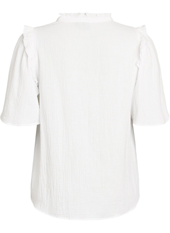 Blus i bomullsmuslin med broderie anglaise och 1/2-&auml;rm, Vit, Packshot image number 1