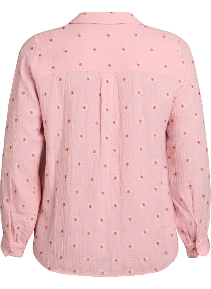 L&aring;ng&auml;rmad blus i bomullsmuslin med broderade motiv, Rosa, Packshot image number 1