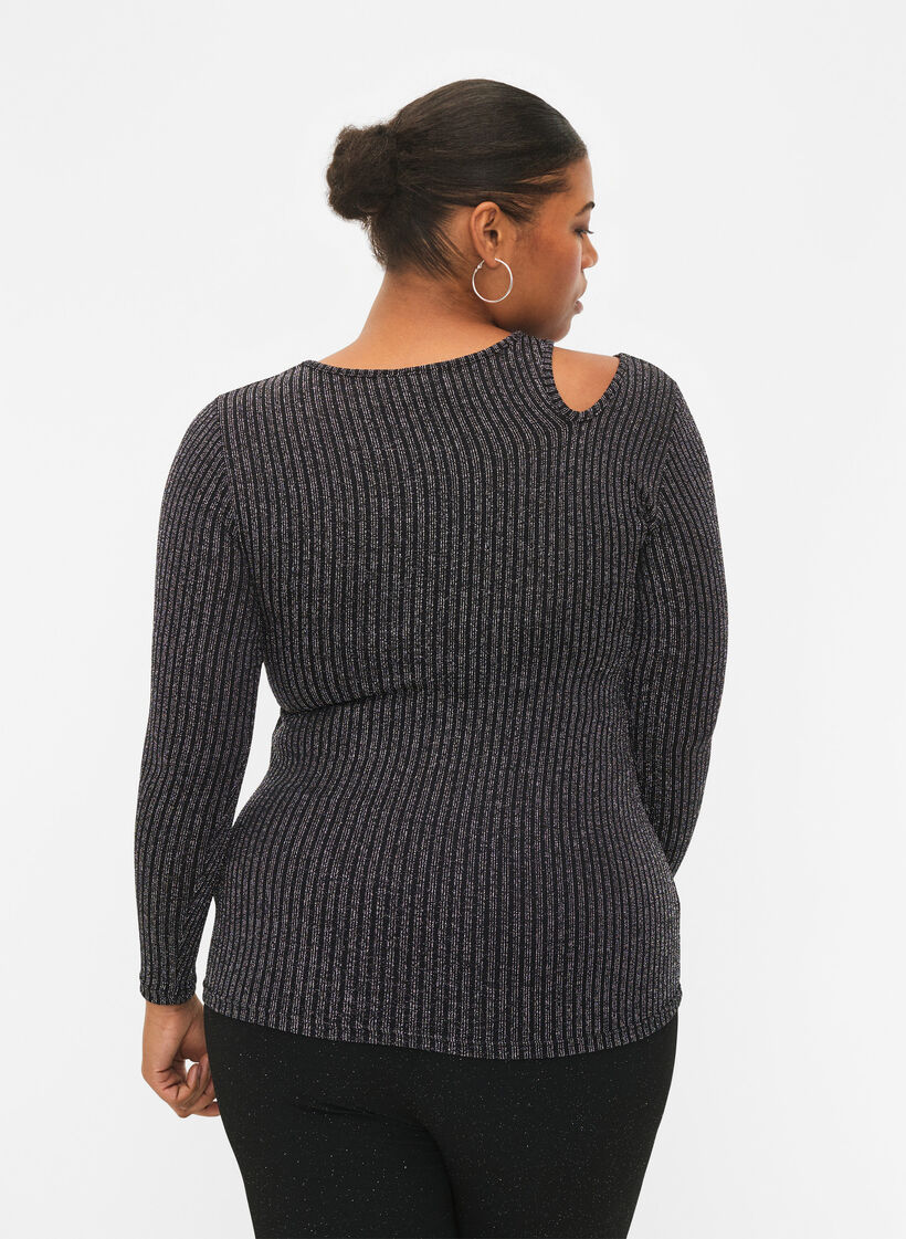 Långärmad blus med utskärning och glitter, B. w. Silver Stripes, Model image number 1