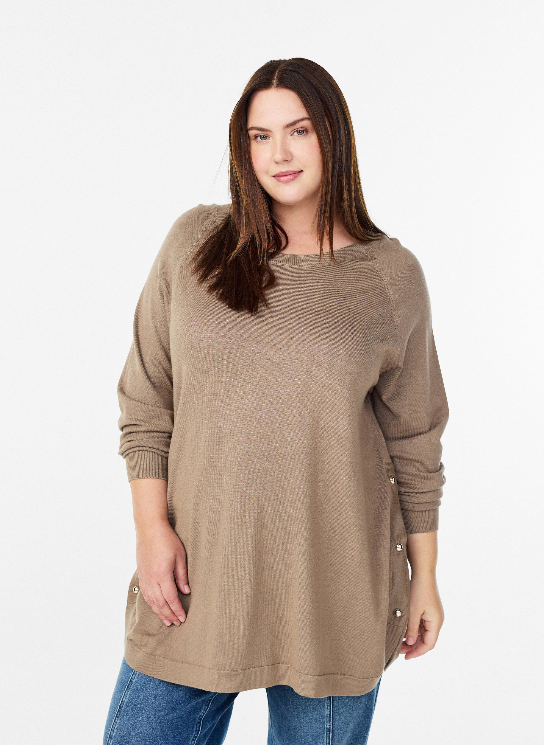 Stickad blus med knappar i sidan, Beige, Model