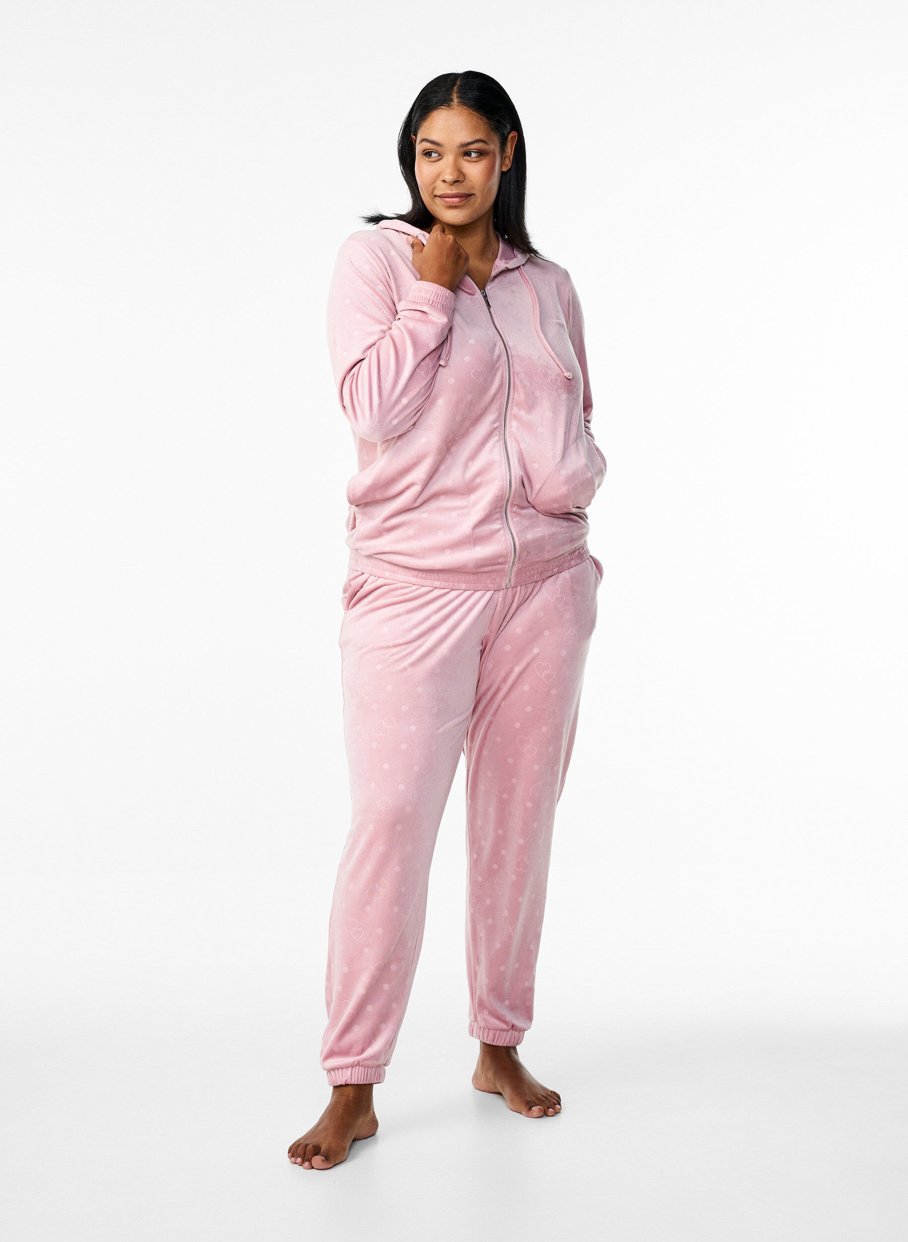 Zizzi Velourbyxor med prickigt och hj&auml;rta-m&ouml;nster, Rosa, Model image number 0