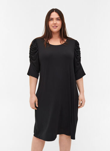 Viskosklänning med rynkade ärmar med 2/4-längd, Black, Model image number 0