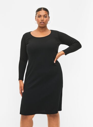 Åtsittande klänning med långa ärmar och slits, Black, Model image number 0