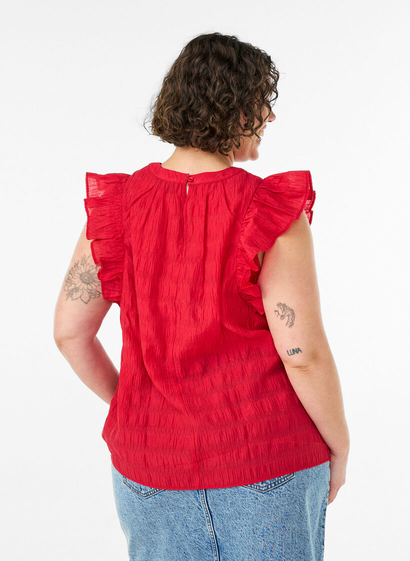 &Auml;rml&ouml;s blus med struktur och volanger, R&ouml;d, Model image number 2