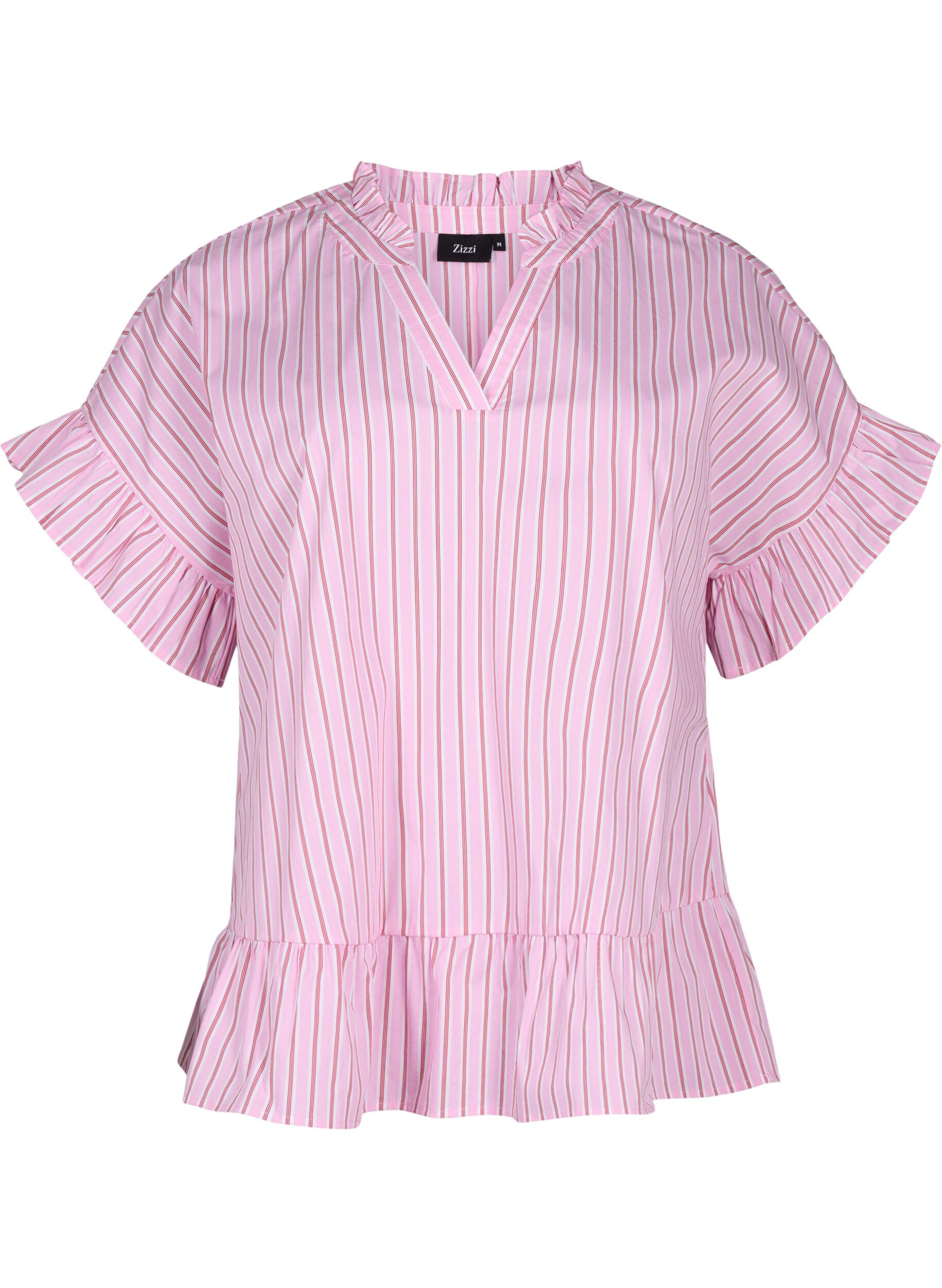 Zizzi Randig blus med peplum och volangdetaljer, Pink Red Stripe, Packshot image number 0