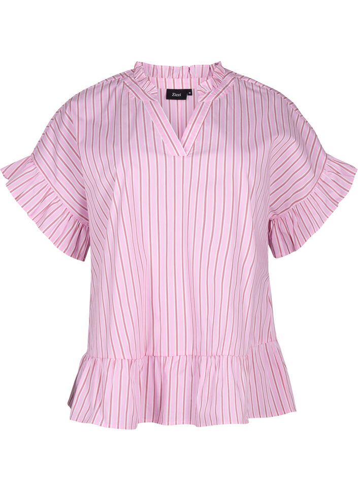 Randig blus med peplum och volangdetaljer, Pink Red Stripe, Packshot image number 0
