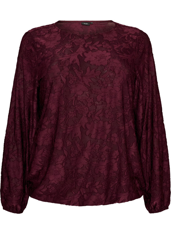 Skir blus med blommig textur och l&aring;nga &auml;rmar, R&ouml;d, Packshot image number 0