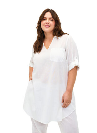 Kortärmad tunika i bomullsblandning med linne, Bright White, Model image number 0
