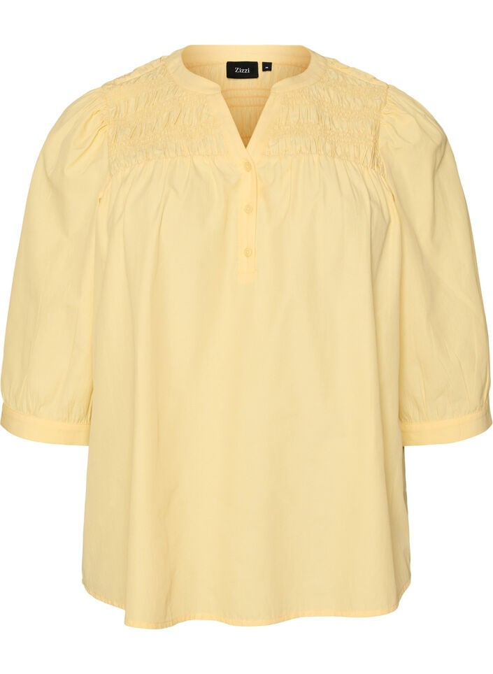 Blus med smock och 3/4-&auml;rmar, Gul, Packshot image number 0