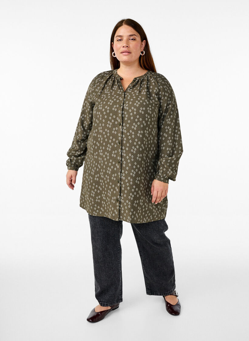 Långärmad tunika med blommönster, Grön, Model image number 1