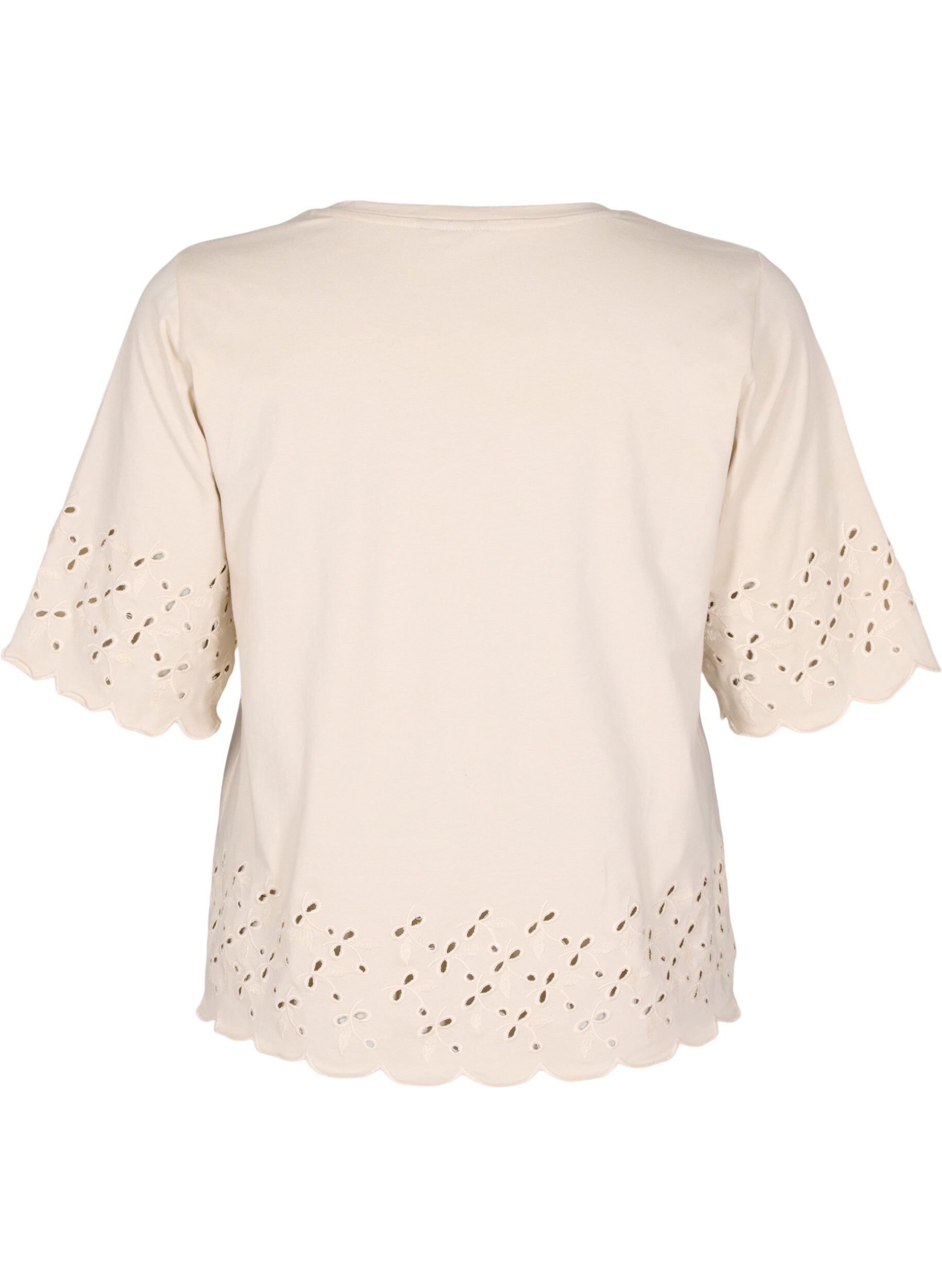 Zizzi T-shirt med broderie anglaise och skulpterade kanter, Beige, Packshot image number 1