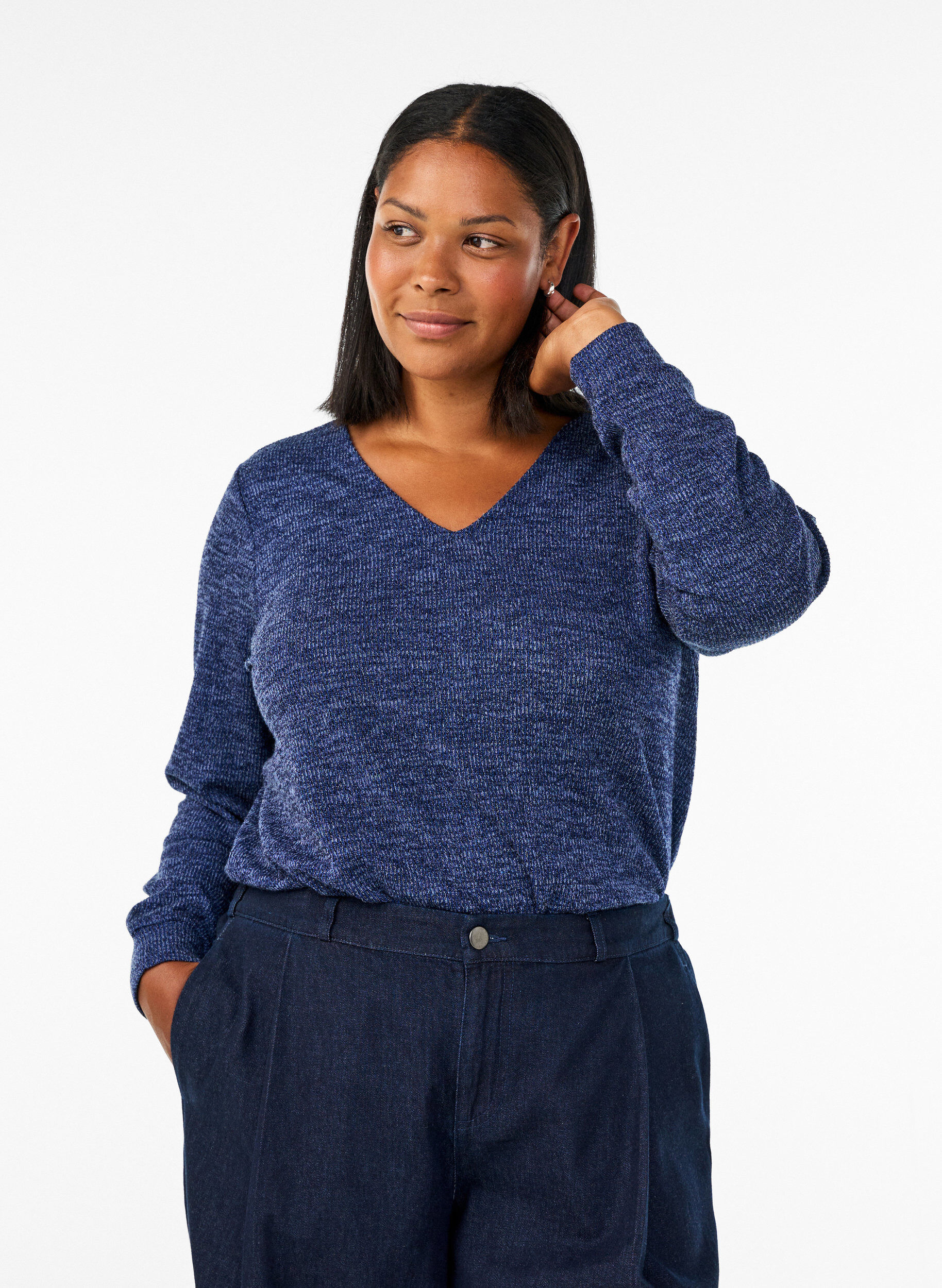 ZizziBlus i jersey med v-ringning och l&aring;nga &auml;rmar, Bl&aring;, Model image number 0