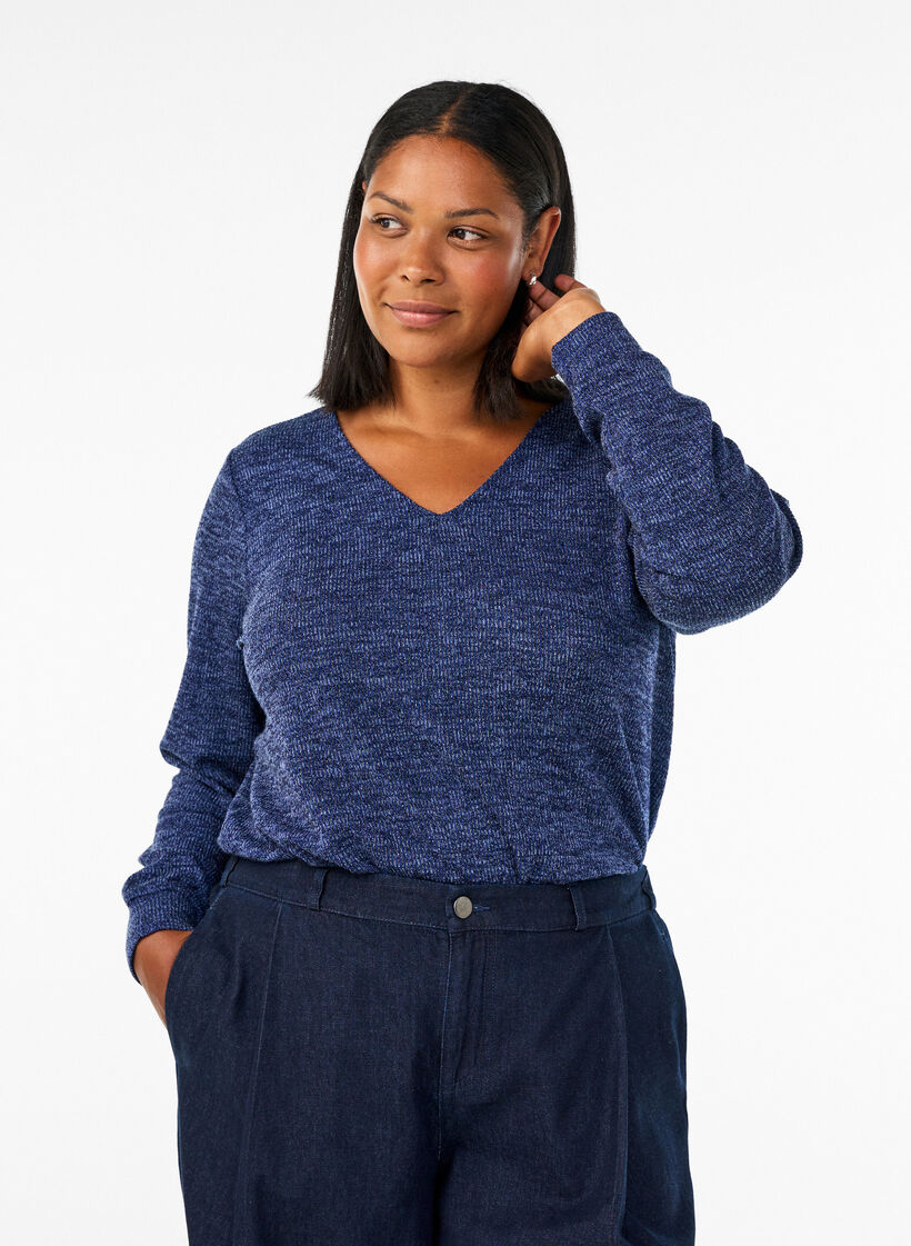 Blus i jersey med v-ringning och l&aring;nga &auml;rmar, Bl&aring;, Model image number 0