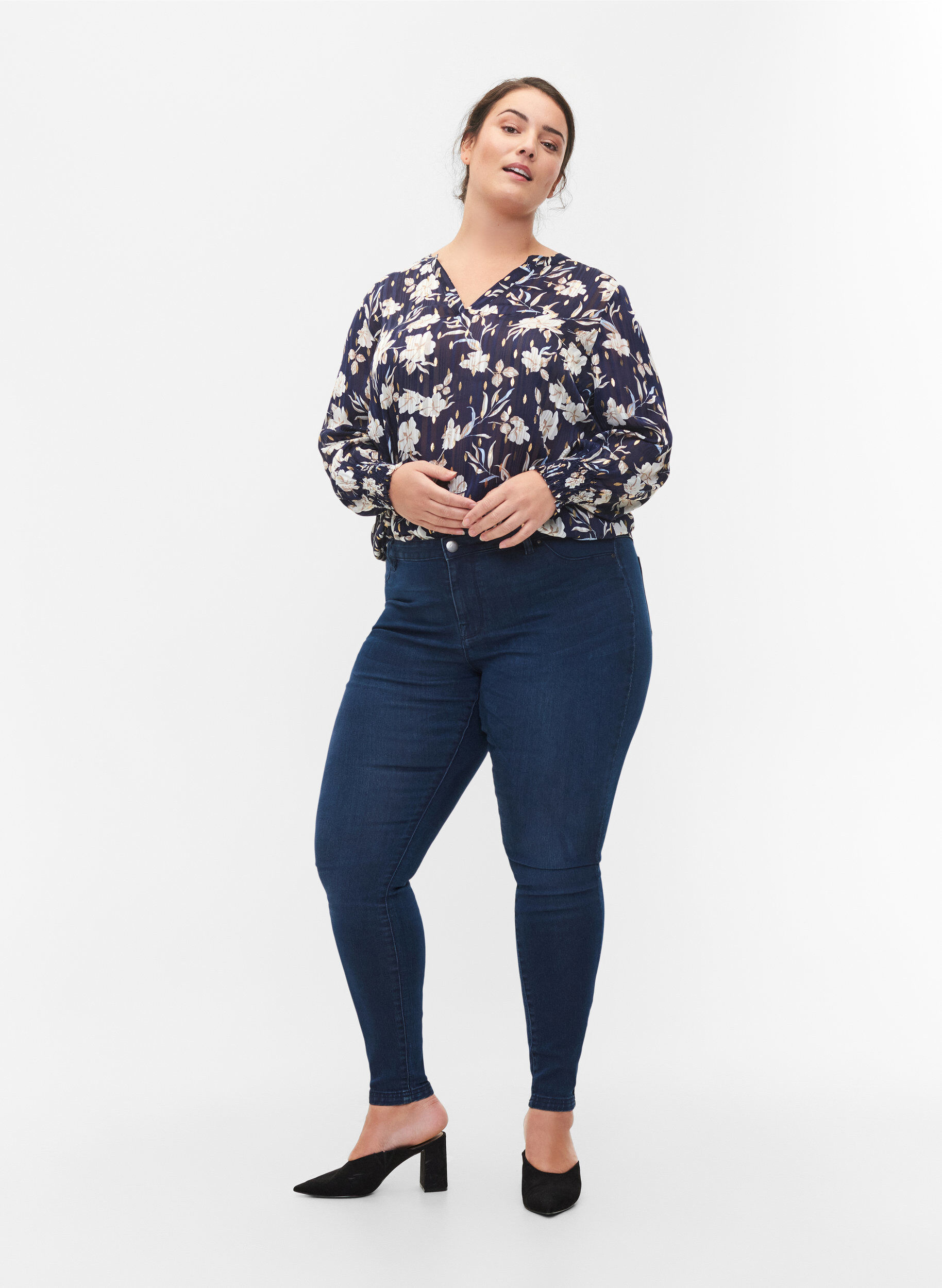 Jeggings i bomullsmix, Dark blue denim, Model