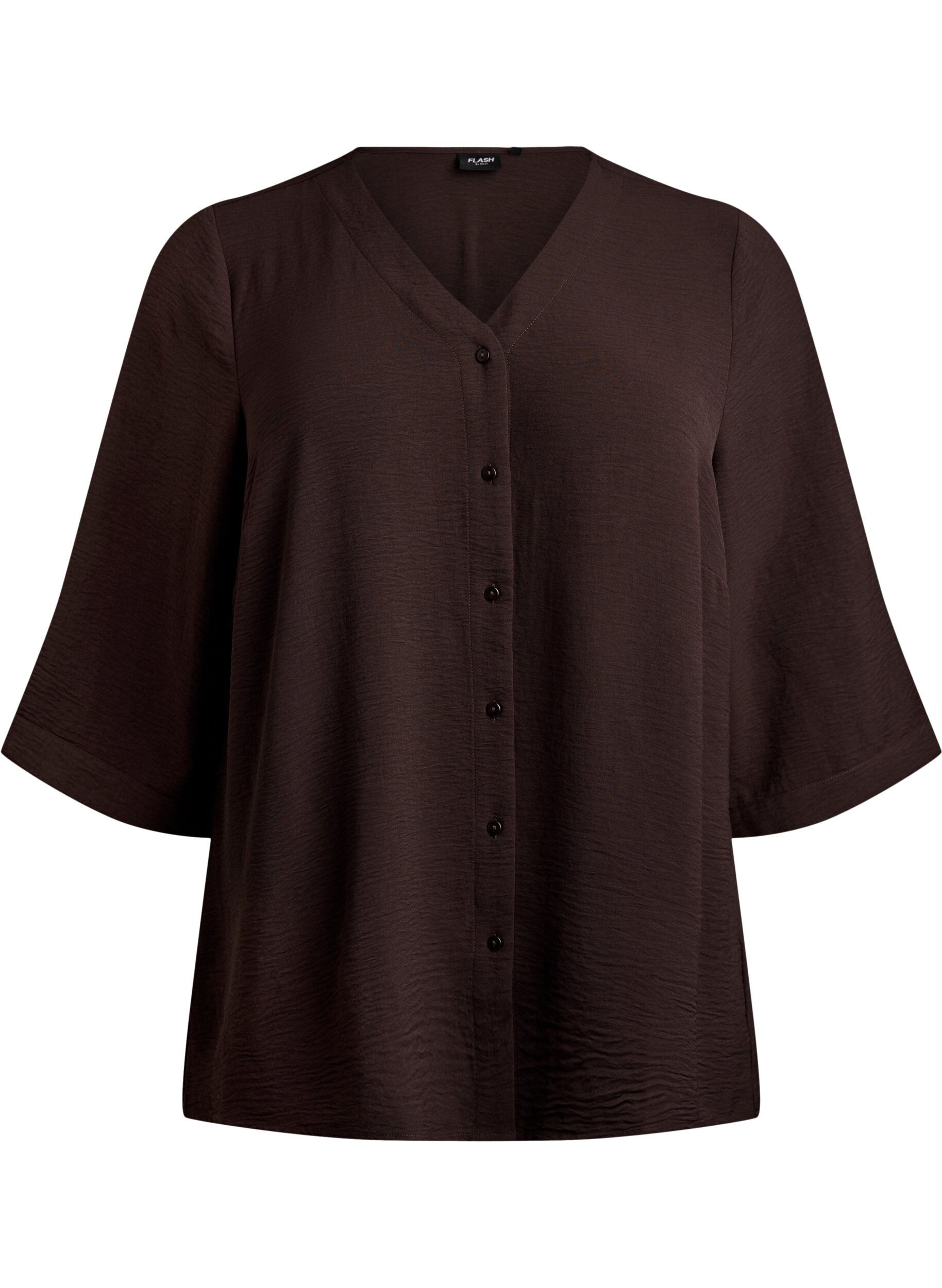 ZizziSkjortblus med v-ringning och 3/4-&auml;rm, Brun, Packshot image number 0