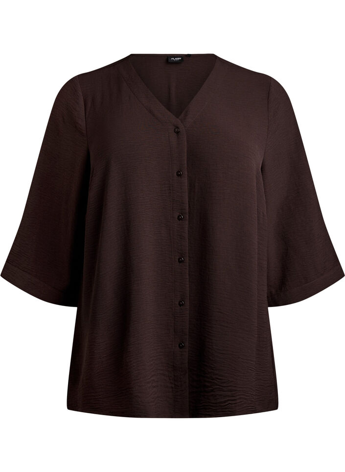 Skjortblus med v-ringning och 3/4-&auml;rm, Brun, Packshot image number 0