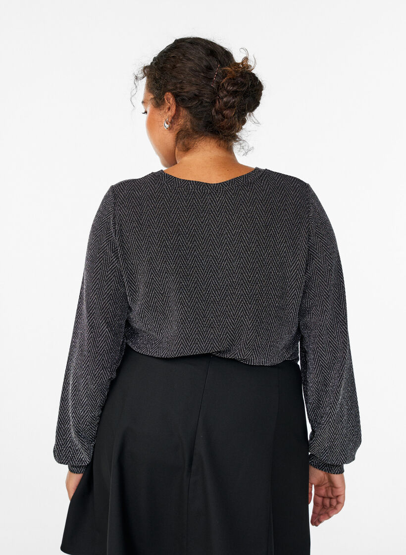 Blus med fiskbensm&ouml;nster och glittertr&aring;d, Svart, Model image number 2