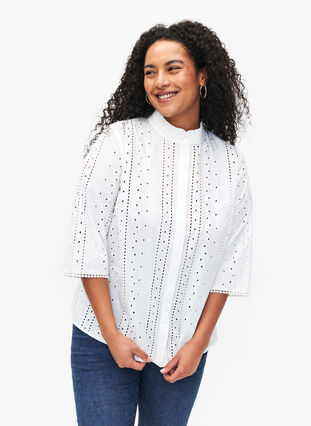 Bomullsskjorta med hålmönster, Bright White, Model image number 0