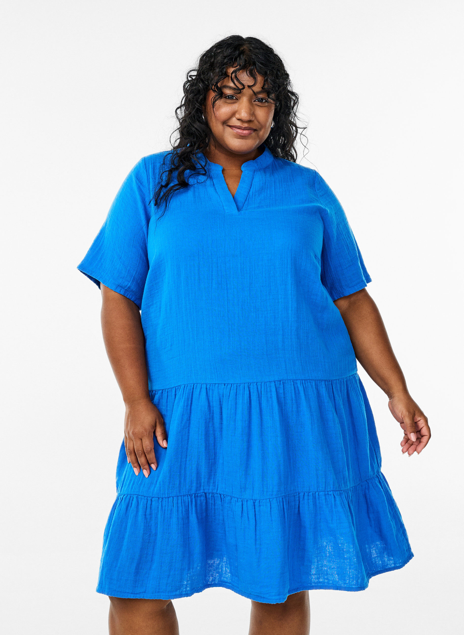 Zizzi Kort a-linjeformad kl&auml;nning i bomullsmuslin, Bl&aring;, Model image number 0