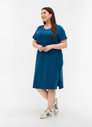 Kortärmad klänning i bomull med slits, Majolica Blue, Model image number 2
