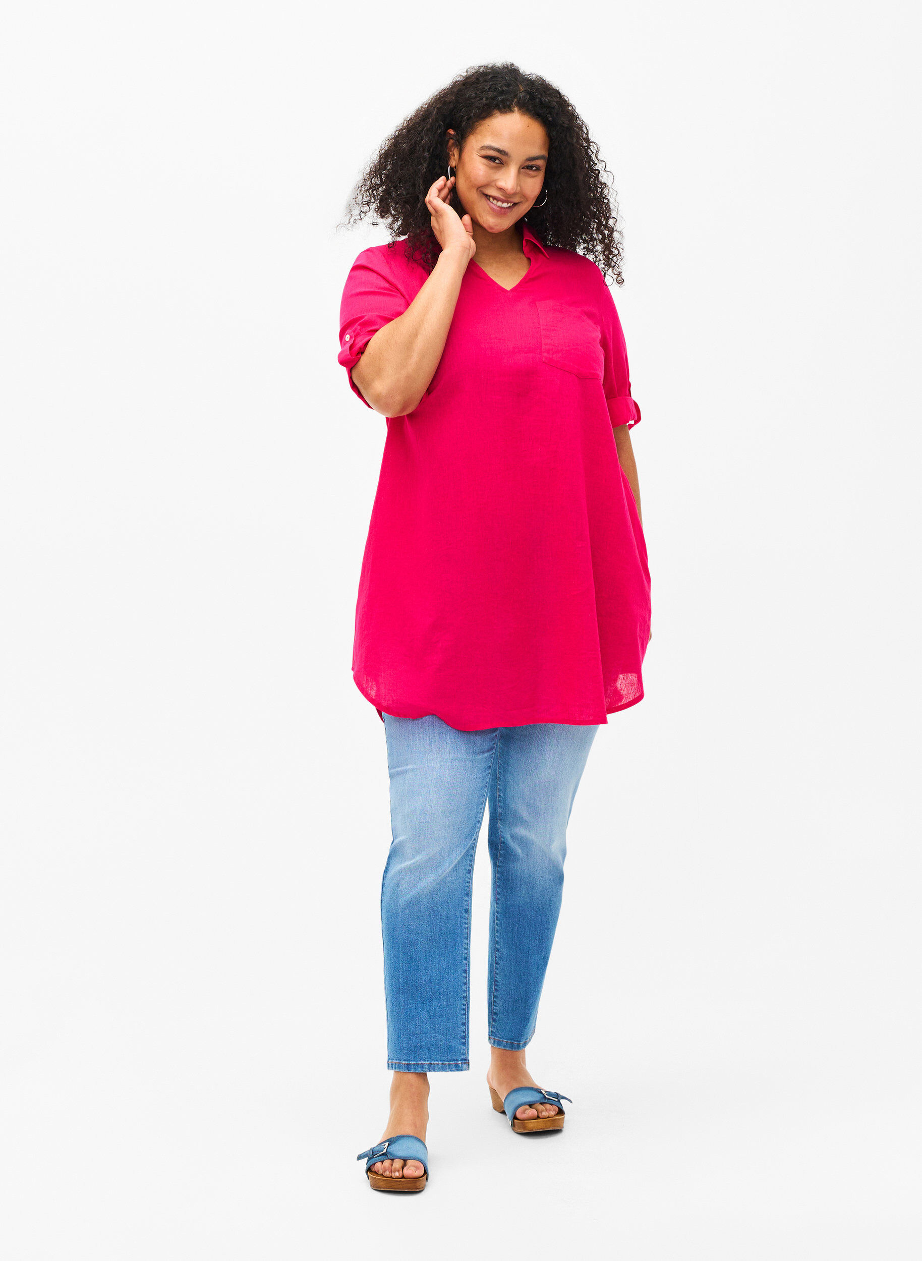 Zizzi Kort&auml;rmad tunika i bomullsblandning med linne, Bright Rose, Model image number 2