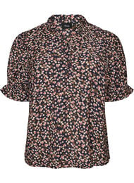Blommig blus i viskos med korta &auml;rmar och smockdetaljer, Bl&aring;