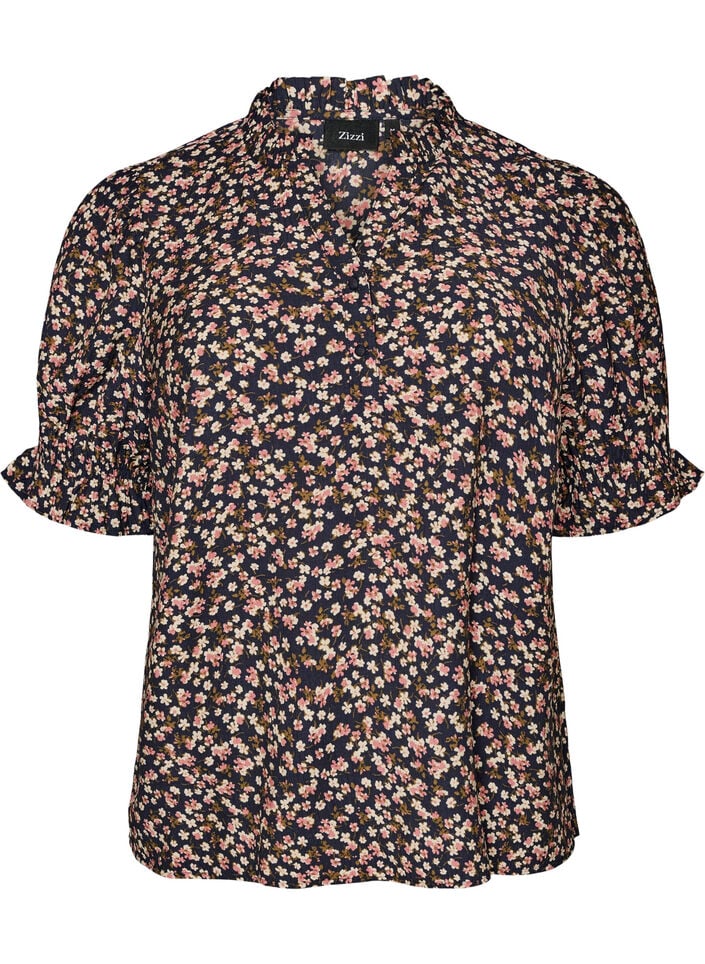 Blommig blus i viskos med korta &auml;rmar och smockdetaljer, Bl&aring;, Packshot image number 0