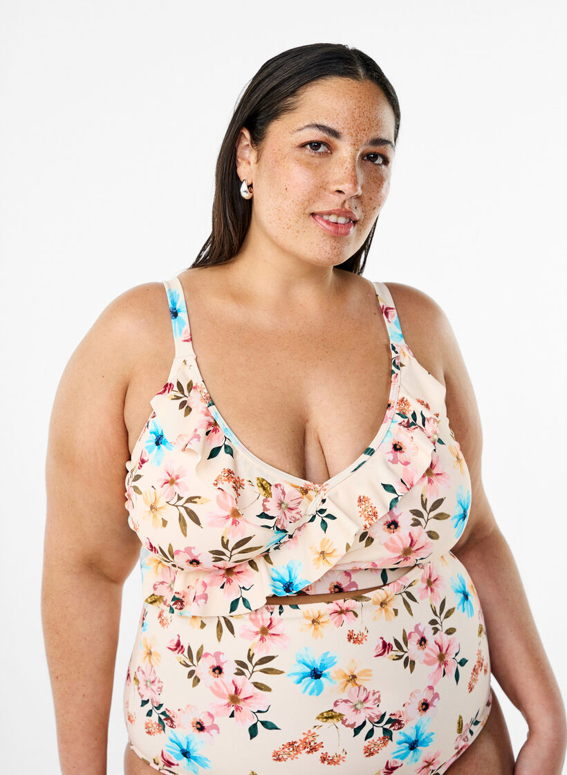 Bikinitopp med blommigt tryck och volangdetaljer, Beige, Model image number 0