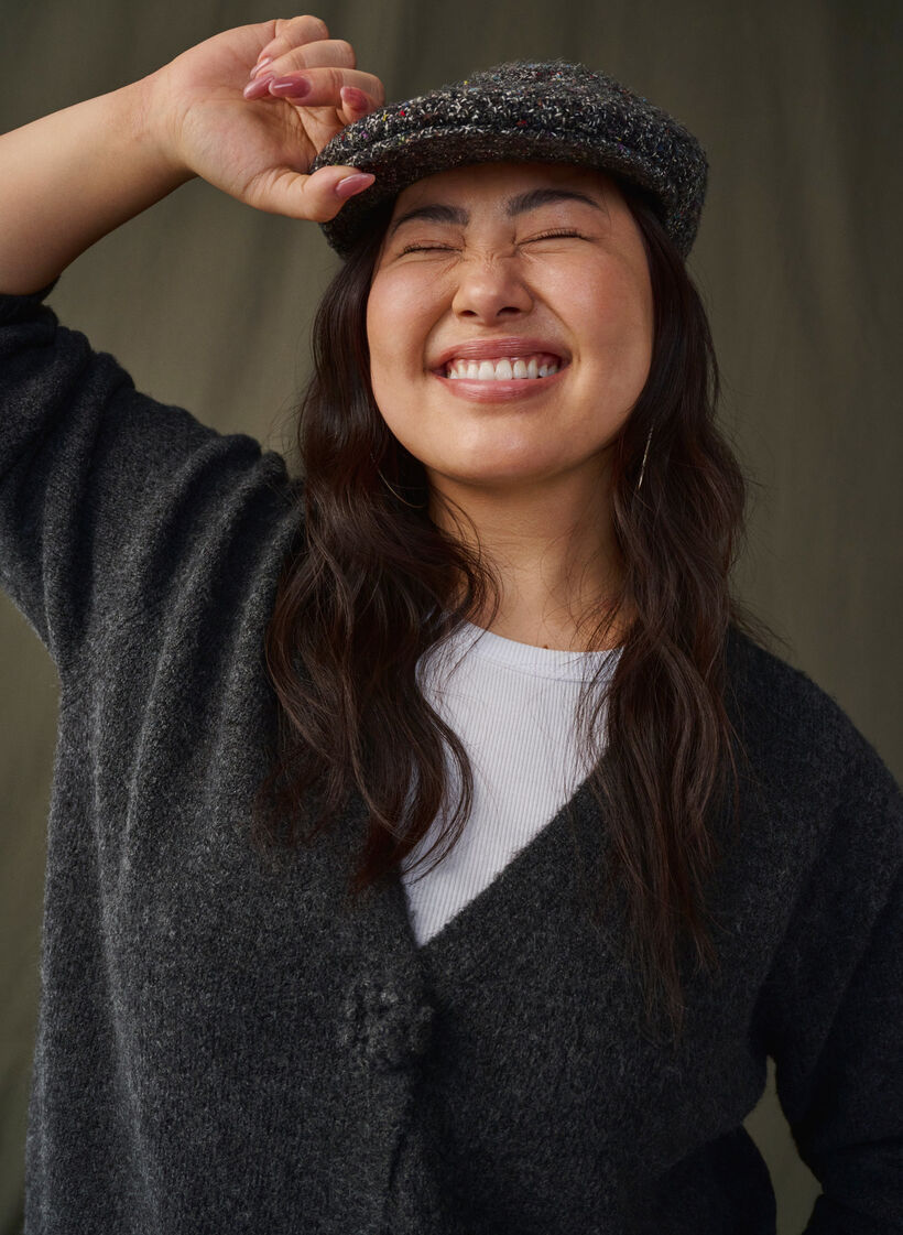 Kort stickad kofta med blomknappar, Dark Grey Melange, Image image number 0