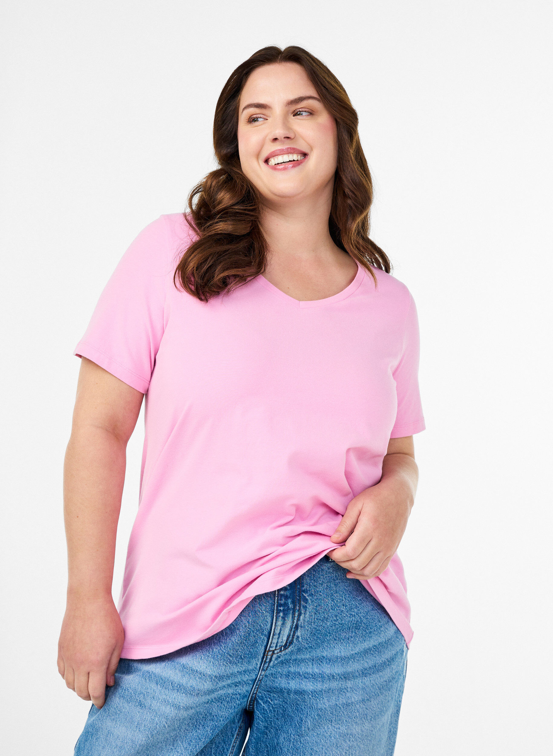Enf&auml;rgad bas-t-shirt i bomull, Rosa, Model