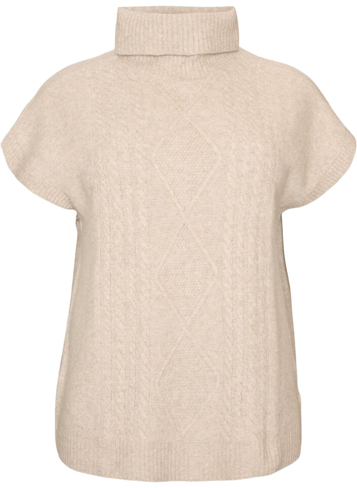 Stickad v&auml;st med polokrage och fl&auml;tstickning, Beige, Packshot image number 0