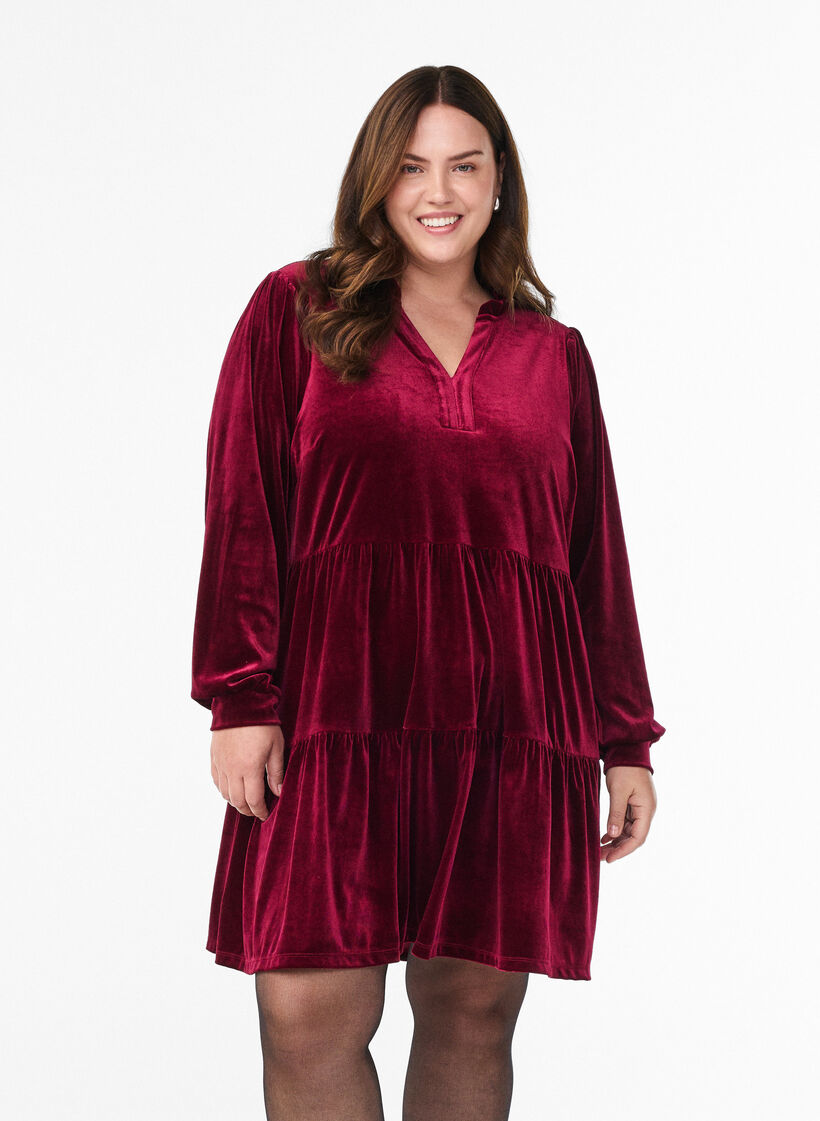 Kort kl&auml;nning i velour med volangkrage och l&aring;nga &auml;rmar, R&ouml;d, Model image number 0