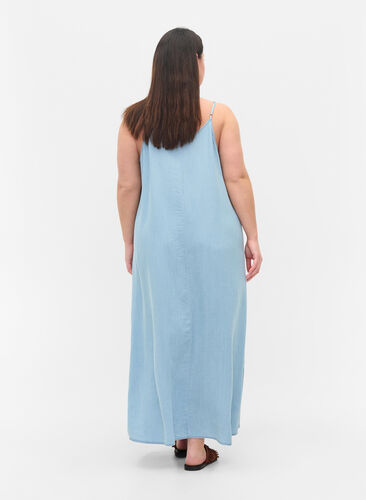 Lång denimklänning med tunna axelband, Light blue denim, Model image number 1