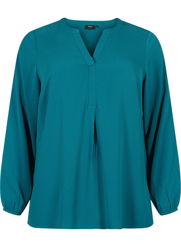 Enfärgad blus med v-hals, Deep Teal, Packshot image number 0