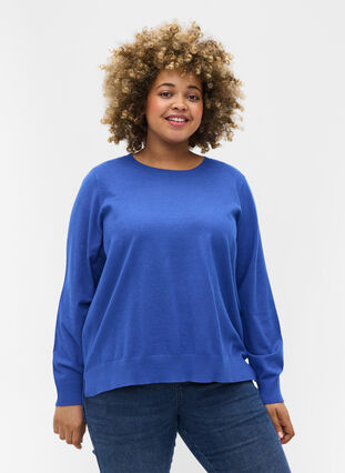Långärmad tröja med ribb och slits, Dazzling Blue Mel., Model image number 0