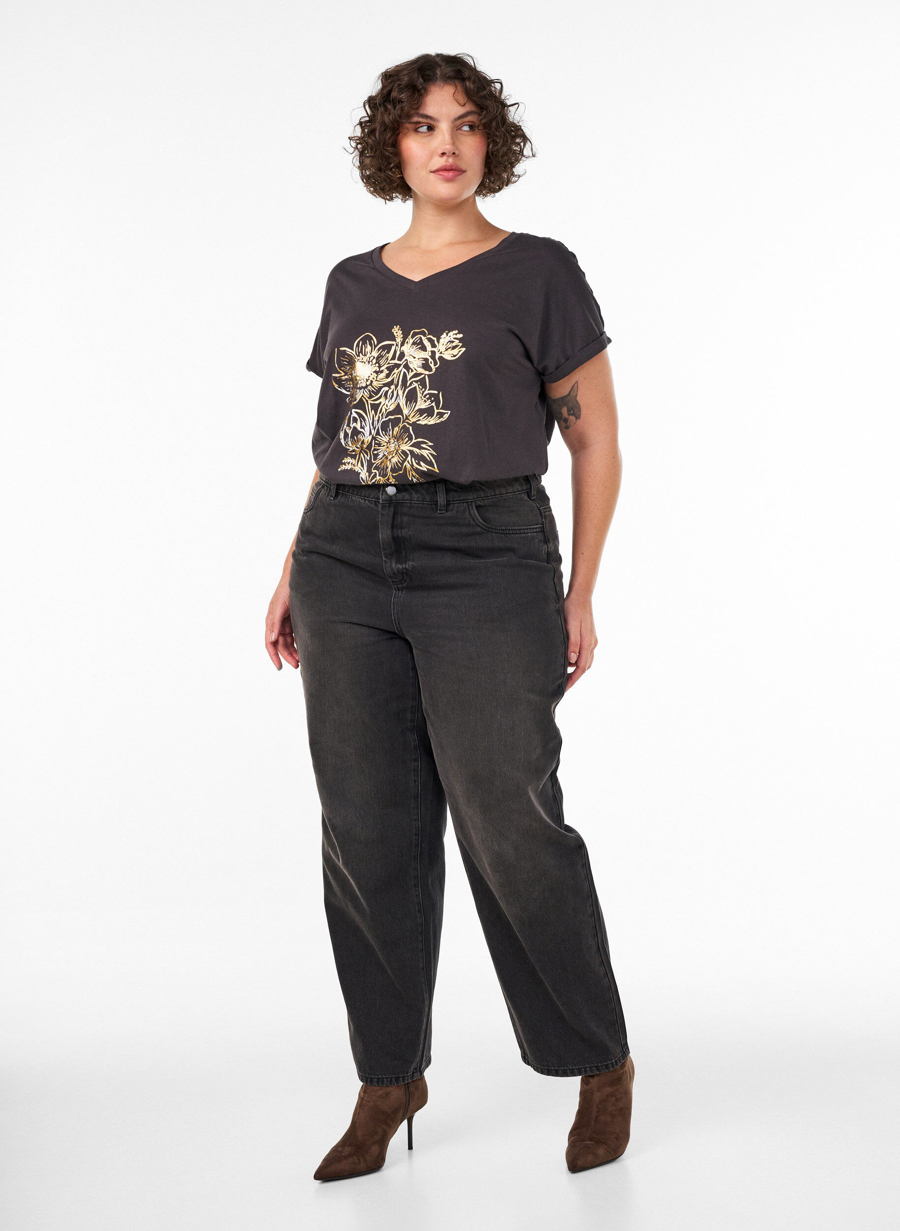 ZizziT-shirt i bomull med guldfolietryck, Gr&aring;, Model image number 1